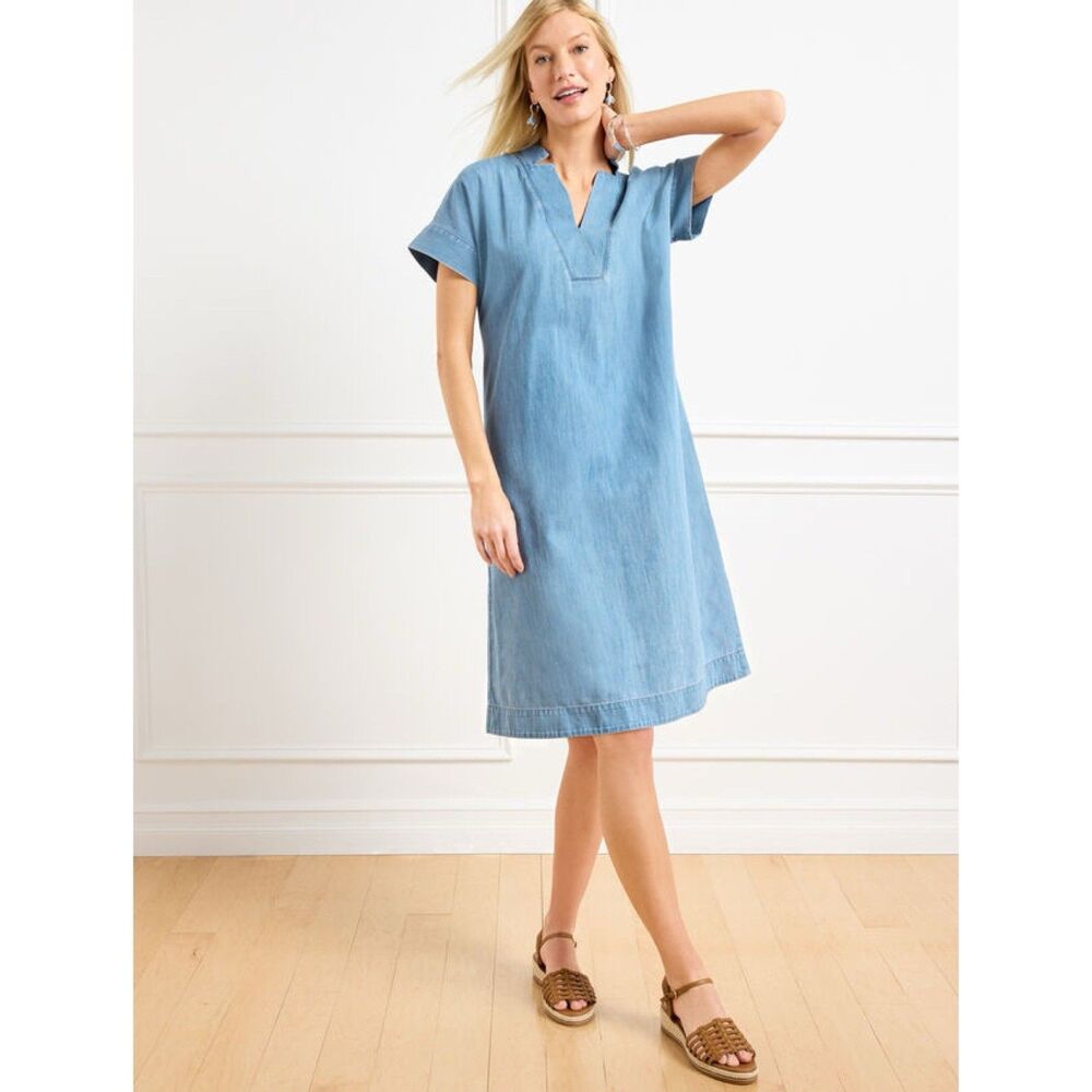 Talbots Chambray Denim Shift Dress Womens Size XL Split Neck Short Sleeve Casual